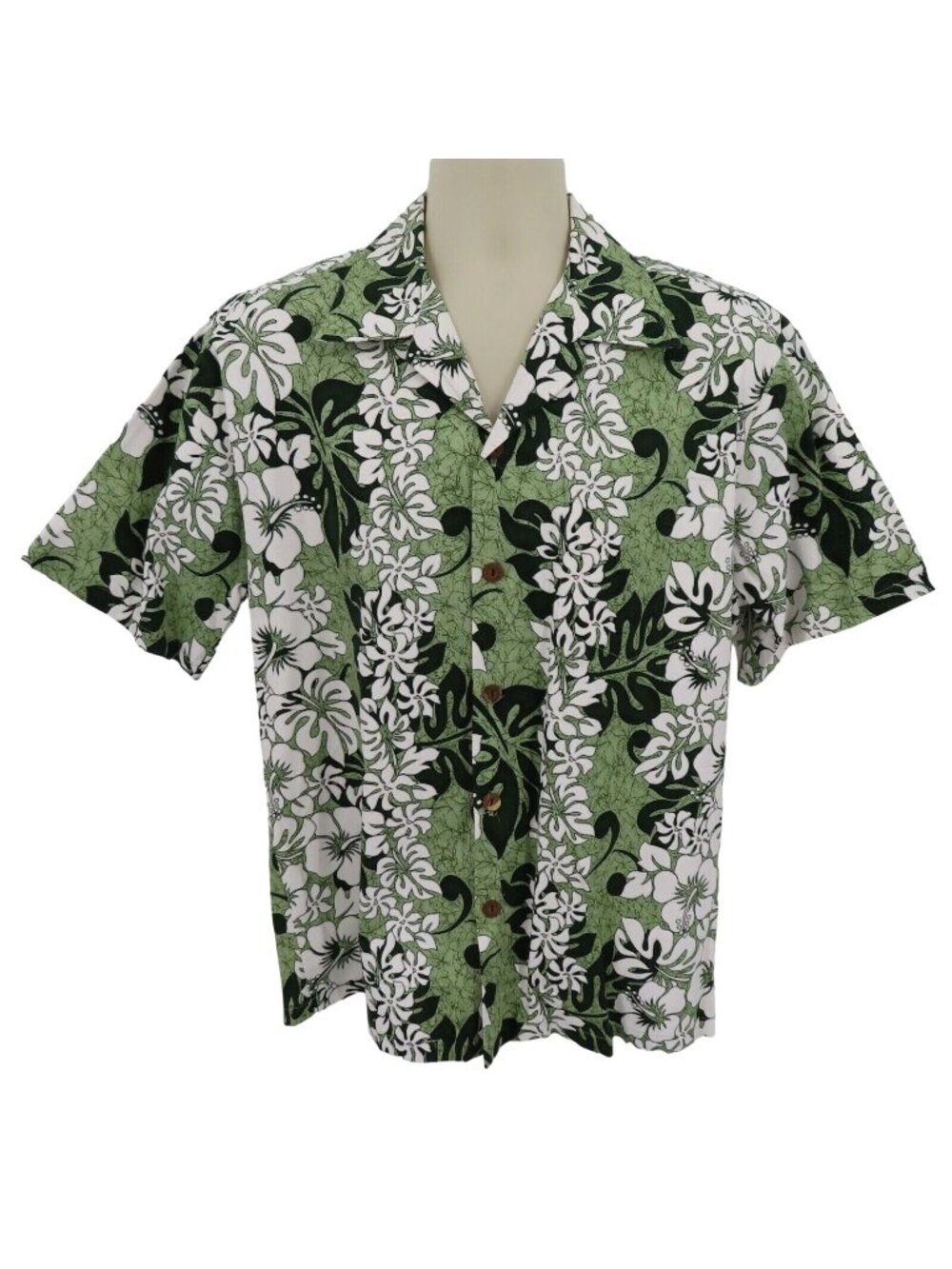 Howie Mens Medium Green Tropical Hibiscus Flower Button Shirt Collar Top Hawaii